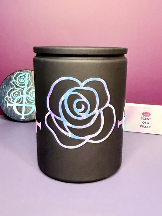 Ghestie Dark Floral Occult Candle in Black Frosted Jar | Gothic Rock Inspired Decor | Holographic Vinyl Art