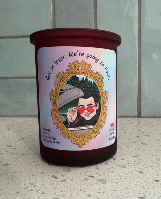 Get in loser. We’re going to Forks. (Oakmoss & Amber Parody Candle)