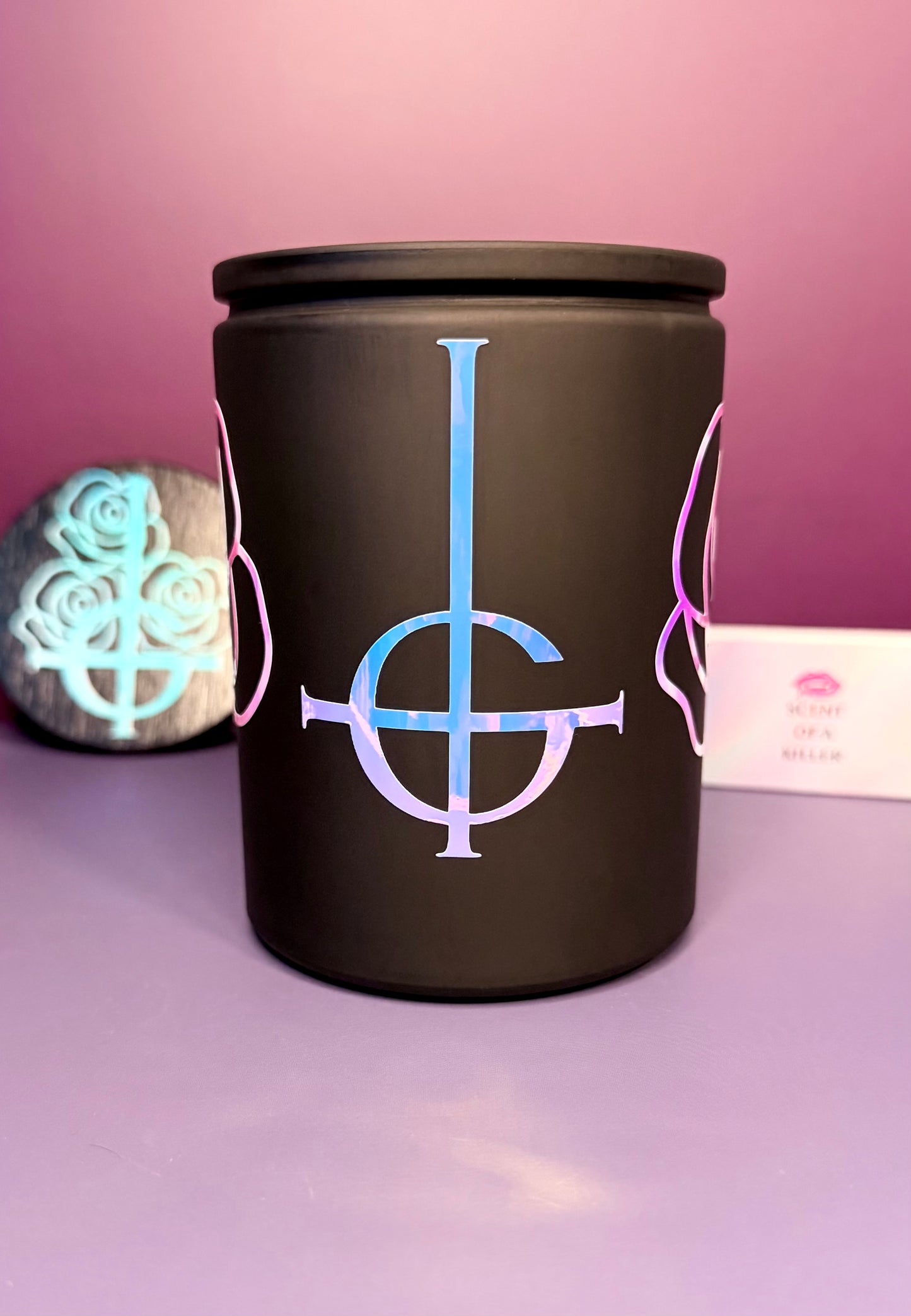 Ghestie Dark Floral Occult Candle in Black Frosted Jar | Gothic Rock Inspired Decor | Holographic Vinyl Art