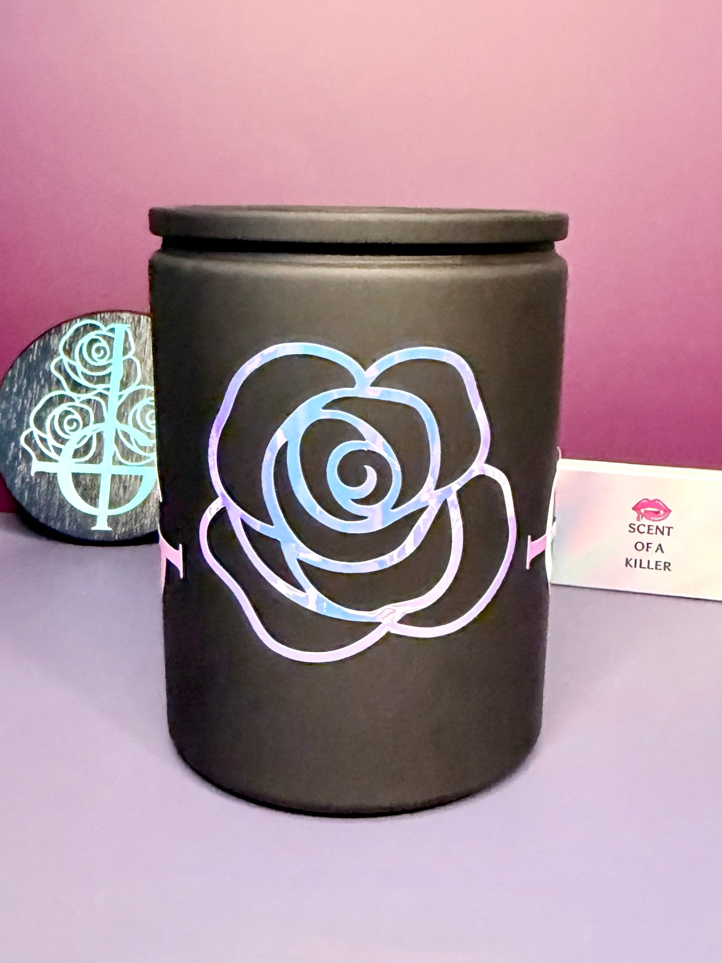Ghestie Dark Floral Occult Candle in Black Frosted Jar | Gothic Rock Inspired Decor | Holographic Vinyl Art