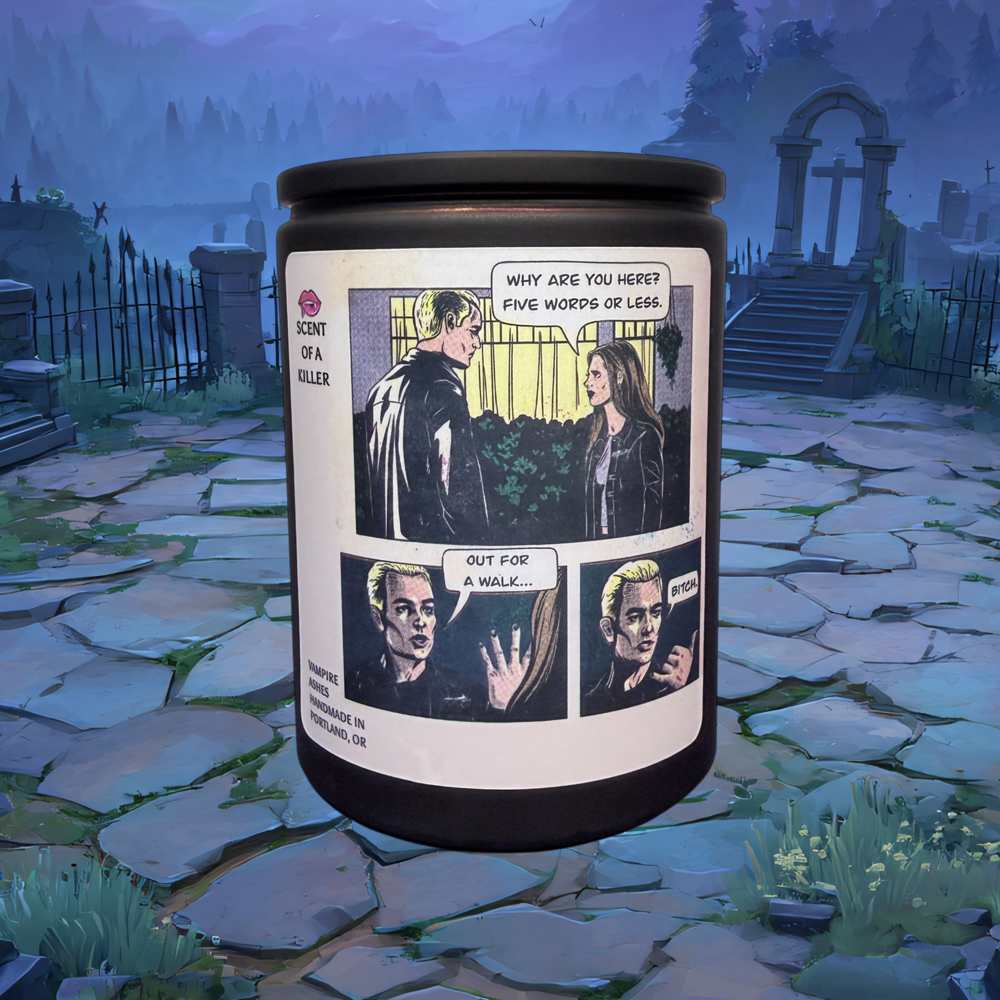 Candle with comic-style design in a graveyard setting