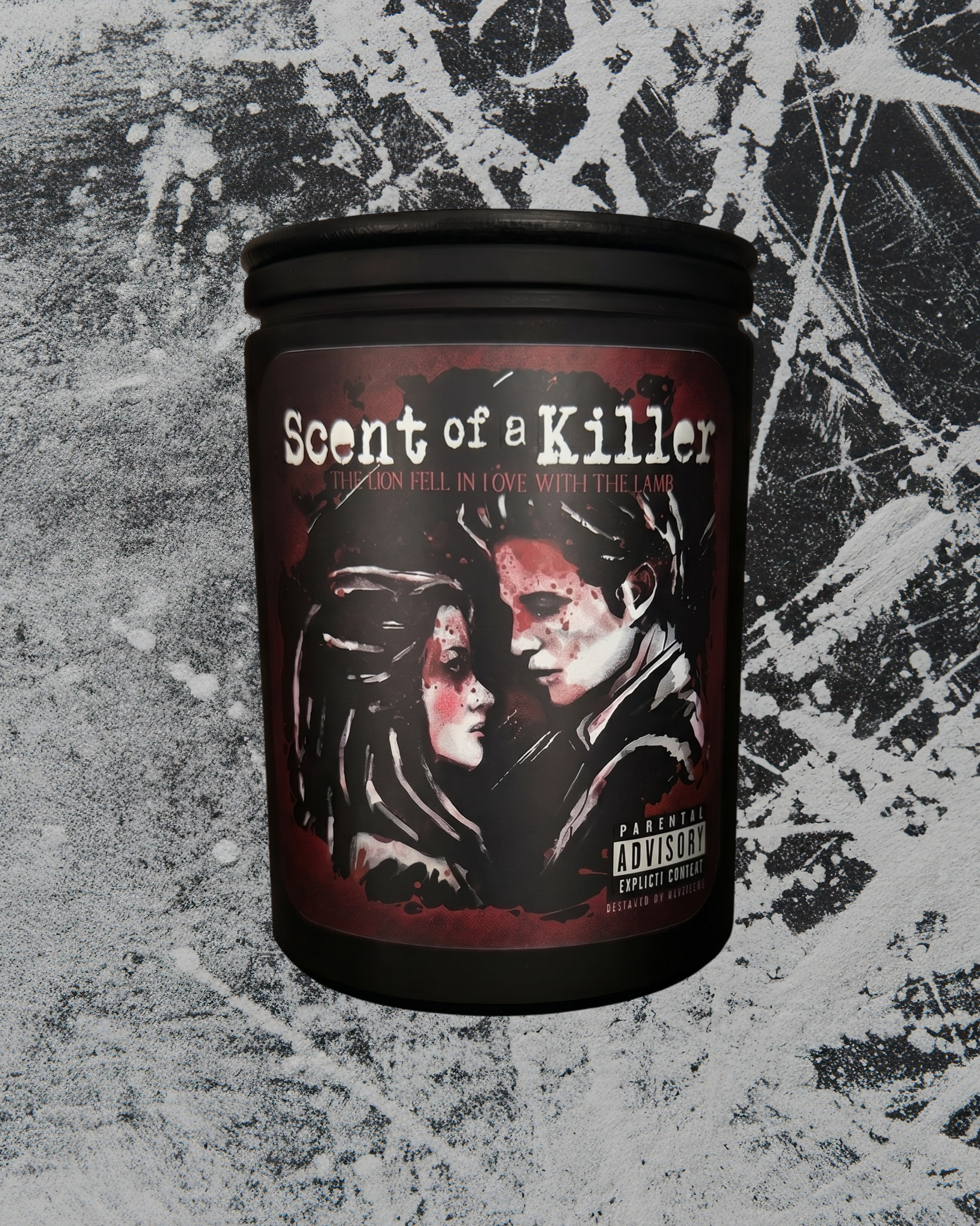 Candle with 'Scent of a Killer' twilight lion lamb record label on a textured gray background