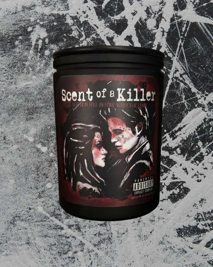 Candle with 'Scent of a Killer' twilight lion lamb record label on a textured gray background
