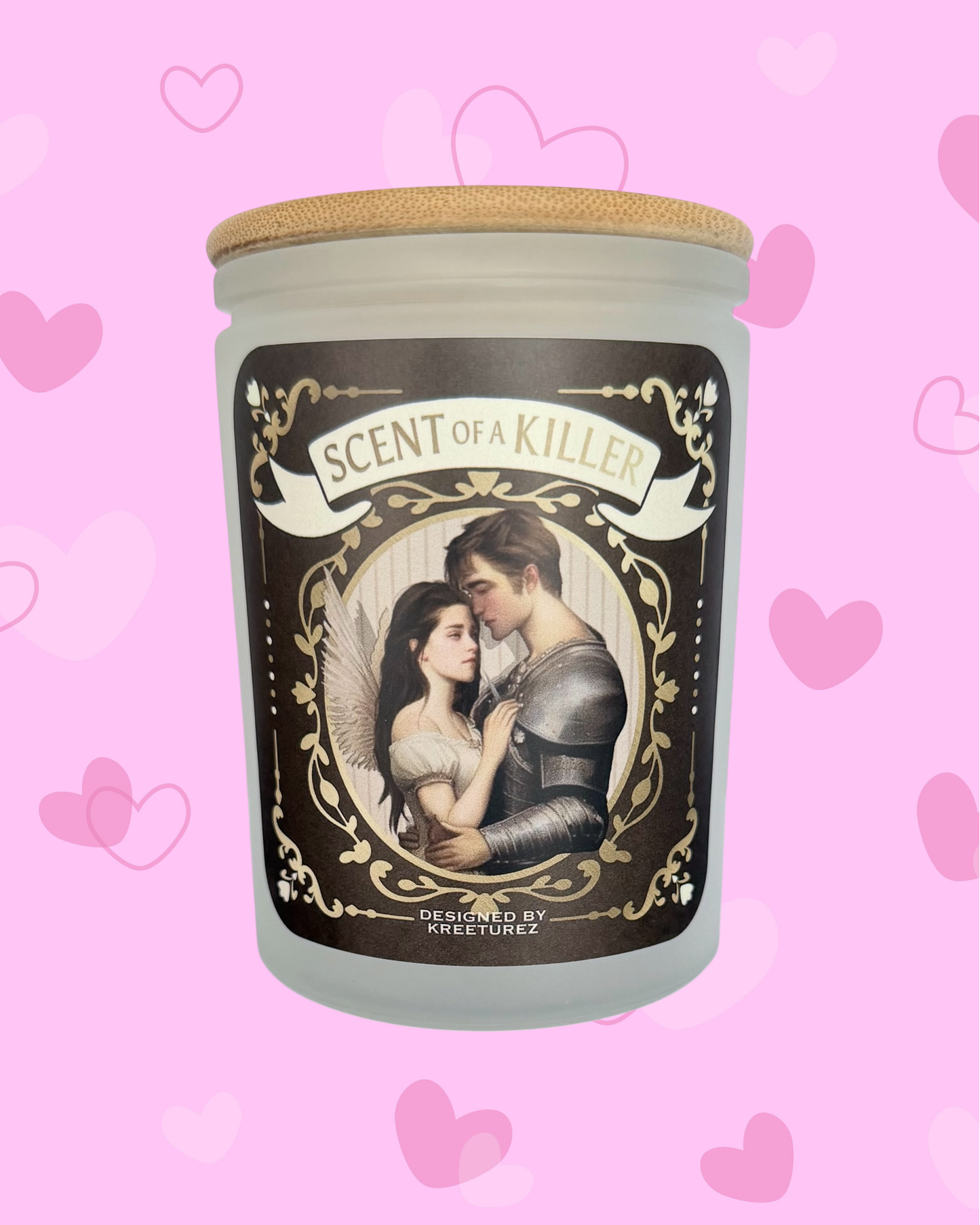 Candle with 'Scent of a Killer' twilight lion lamb label on a pink background with hearts