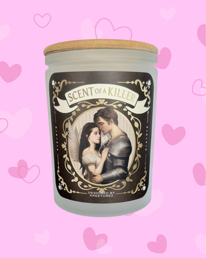 Candle with 'Scent of a Killer' twilight lion lamb label on a pink background with hearts